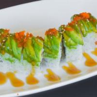 Caterpillar Roll (8 pcs) · Unag, crab salad,  and cucumber roll with avocado and tobiko on top.
