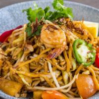 Mie Goreng · spicy egg noodles, shrimp, tofu, tomatoes, 
potatoes, cabbage, bean sprouts,   
vegetarian a...