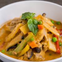 Spicy Basil Chicken · shiitake mushrooms, bamboo shoots, 
bell peppers, thai basil, red curry