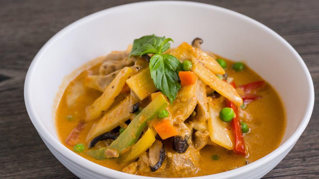 Spicy Basil Chicken · shiitake mushrooms, bamboo shoots, 
bell peppers, thai basil, red curry