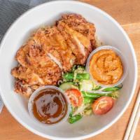 Crispy Gai · Marinated fried chicken, flagrant rice, Karedok salad, GG's red curry sauce, tamarind sweet ...