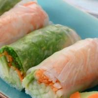 Veggie Fresh Roll · Tofu, mint, cilantro, red pepper, carrot and cucumber wrapped in a thin rice paper served wi...