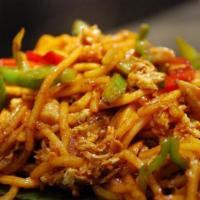 Veggie Malay Mee Goreng · Malay spicy stir fried noodles with vegetables and ground peanuts