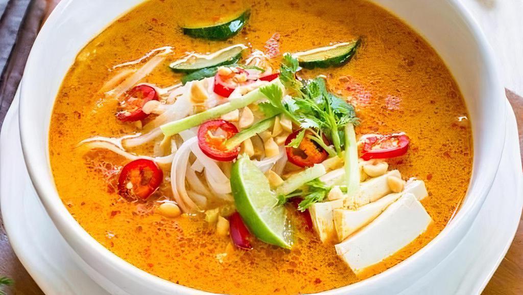 Veggie Laksa Noodle Soup · Vegetables, puff tofu in chef's special curry broth