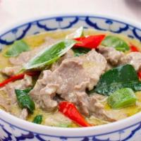 Green Curry Beef · Sliced beef with mixed vegetables in coconut green curry sauce