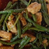 Jintan Tofu · Stir-fried tofu served with fresh thai chili, cilantro, string beans in cumin sauce