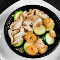 Chicken and Shrimp Bowl · chicken, shrimp, rice, & your choice of 1 veggie.
