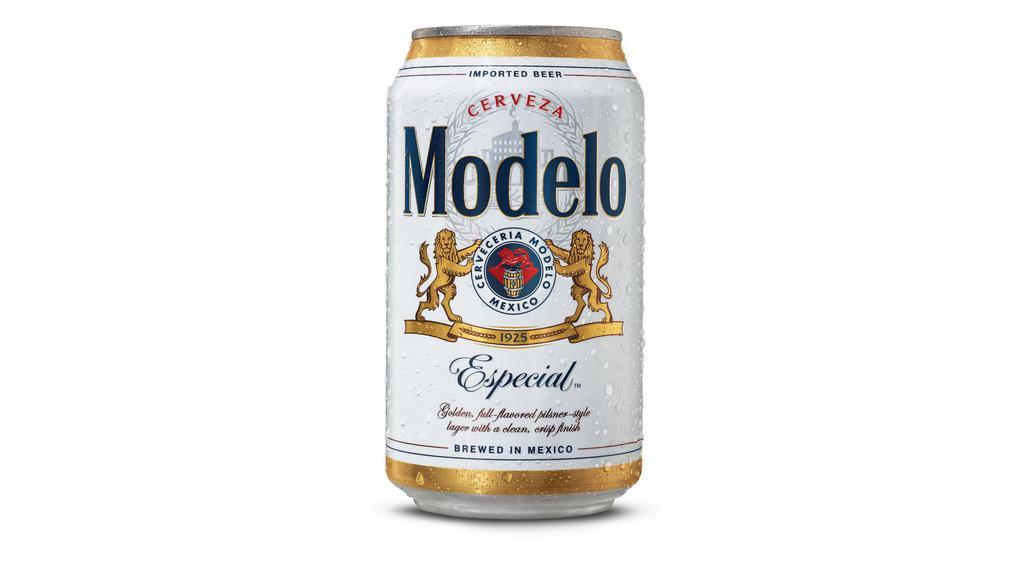 Modelo Especial Mexican Lager Can (12 oz x 6 ct) · A model of what good beer should be, Modelo Especial Mexican Beer is a rich, full-flavored pilsner beer. This lager beer's golden hue is complemented by its smooth notes of orange blossom honey and hint of herb. A light-hop character, tantalizing sweetness, and a crisp, clean finish make this easy-drinking beer perfect for enjoying at your next barbecue or sharing with friends while watching the game. This imported beer 6 pack also is an ideal tailgating beer. Pair this 143-calorie*, easy-drinking beer in 12 oz beer cans with Mexican dishes, pizza, or seafood for a perfect match. Made with barley malt and unmalted cereals and hops for a balanced flavor, this cerveza is brewed with the fighting spirit. *Per 12 fl. oz. serving of average analysis: Calories 143, Carbs 13.6 grams, Protein 1.1 grams, Fat 0 grams. Drink responsibly. Modelo Especial¬Æ Beer. Imported by Crown Imports, Chicago, IL