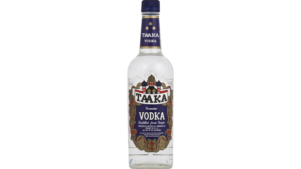 Taaka Vodka 750ml · MA, USA -Taaka is an excellent example of a smooth, clean vodka that does not sport a high price tag. Its four distillation process and the charcoal filtration allow Taaka to produce a vodka that is perfect by itself or in well-crafted mixed drinks. Taaka is also naturally gluten free.