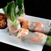 K1 GOI CU0N| FRESH SPRING ROLLS · shrimp, pork, bean sprouts, vermicelli , lettuce, mint,. pickled daikon + carrot, peanut sauce