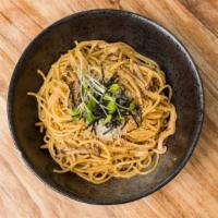 Champignon Pasta · Enoki , shimeji , clam shell mushrooms, parmesan, garlic, butter, dried seaweed.