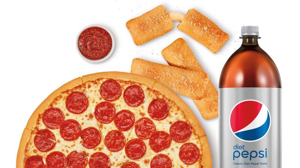 Stuffed Crazy Bread™ Meal Deal With Diet Pepsi® · Classic Pepperoni Pizza, Stuffed Crazy Bread™ plus Crazy Sauce® and a 2-liter DIET PEPSI® (3280 Cal)