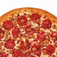 3 Meat Treat® · CRAZY!CRAZY!™ AMOUNTS OF TOPPINGS AT THE NATION'S BEST PRICE** Large round pizza with Pepper...