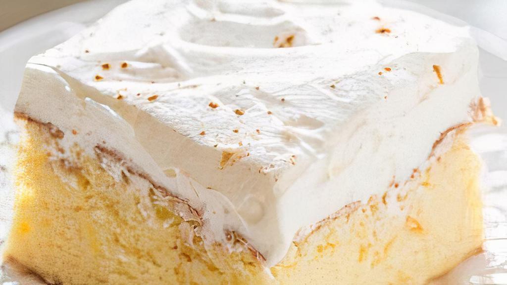 Milky Tres Leches Cake · A soft and ultra-moist crumb soaked with a 3 milk mixture and topped with a lightly sweetened whipped cream.