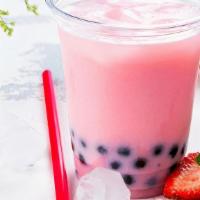 Strawberry love tea · Strawberry milk tea with non-dairy cream.