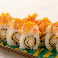 Mango Lobster Roll · Out: lobster, mango sauce, unagi sauce, & masago; in: crab & shrimp tempura.