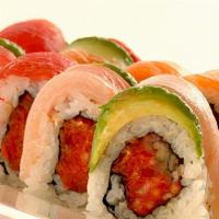 Chef Special Spicy Roll · Out: hamachi, sake, tuna, & avocado; in: spicy tuna & cucumber.
