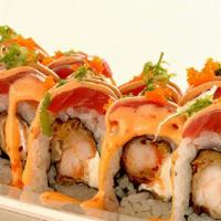 Dream Gina Roll · Out: tuna, spicy mayo, masago, & G.O. In: shrimp tempura, avocado, & cream cheese.