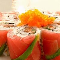 Cherry Blossom Roll · Out: tuna, avocado, & masago; in: salmon & cucumber.