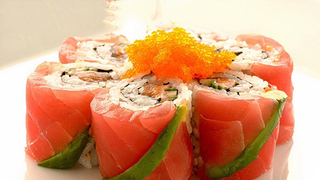 Cherry Blossom Roll · Out: tuna, avocado, & masago; in: salmon & cucumber.