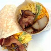 Bacon And Cheddar Breakfast Burrito · A nice number with onion marmalade, 2 eggs, bacon melty cheddar, home fries, and avocado. Ad...