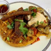 Loaded Chicken Sausage Waffle · Chicken sausage, with cheddar cheese, cilantro, green onions, home fries and samurai sauce (...