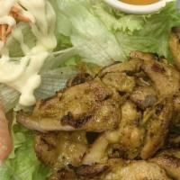 40. Grilled Chicken · Grilled marinated chicken with thai herbs; served with sweet and sour sauce and fresh green ...