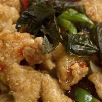 74. Flavour Fish (3) · Deep-fried basa fillet; topped with spicy sweet and sour sauce, green bean, onions, bell pep...