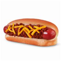 Chili Cheese Dog · Hot dog with chili and cheese on it.