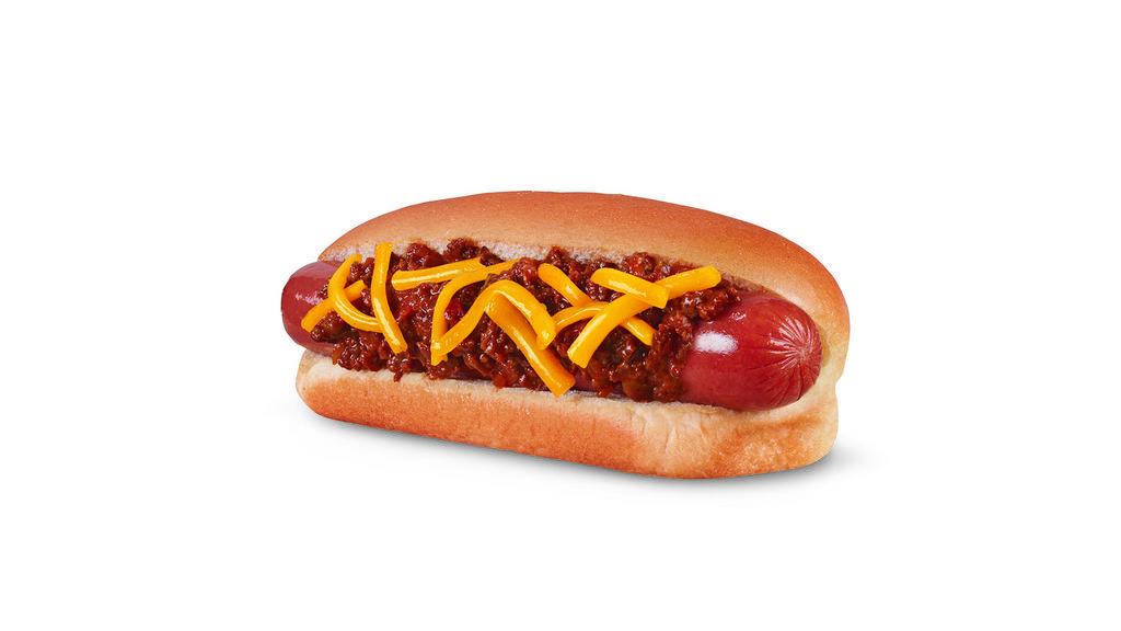 Chili Cheese Dog · Hot dog with chili and cheese on it.