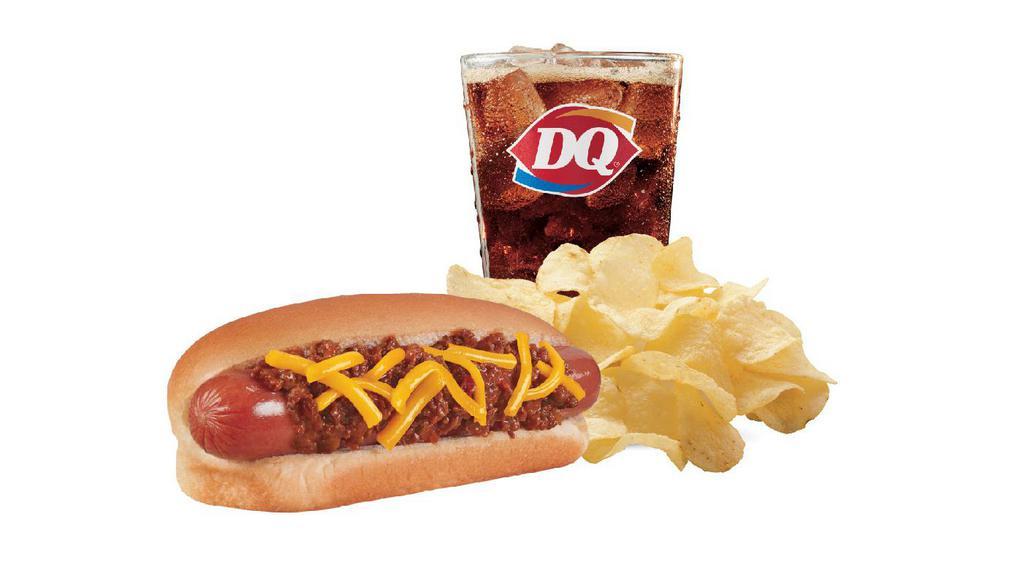 Chili Cheese Dog Combo · All beef hot dog with chili and cheese melted on top. Includes Chips and a Drink