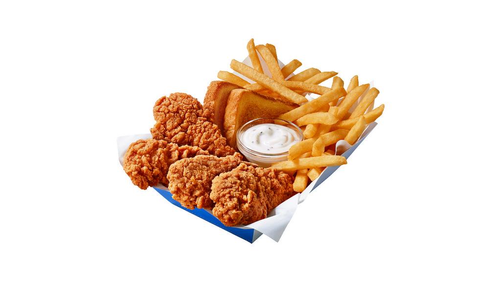 Chicken Strip Basket · Five chicken strips with a half pound of waffle fries. Served with a cup of your choice of Ranch, Bourbon Barbecue or Honey Mustard for dipping.