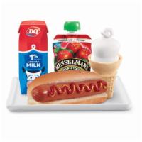 Kids Hot Dog · Served with choice of side, choice of drink, and a kid's cone or cup.