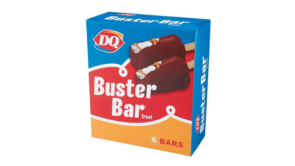 Buster Bar® Box Of 6 · Buster bar® a fresh take on our classic peanut buster parfait, the buster bar is made with layers of cold, creamy DQ® vanilla soft serve, chocolate fudge and peanuts all dipped in luscious, chocolate-flavored coating.