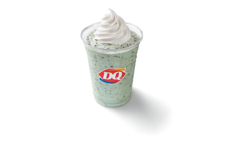Mint Chip Shake · A blend of crème de menthe, world famous DQ soft serve, and bursts of chocolatey shavings (and topped with a flourish of whipped cream), the Mint Chip Shake resonates with a gorgeous green glow that is as refreshing and sweet on the eyes as on the tongue. What better flavor combo exists that can freshen up the season than the cool taste of minty crème de menthe mixed with rich chocolatey shavings and smooth vanilla.