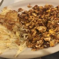 Chorizo · Chorizo scrambled with 2 ranch eggs served with golden hashbrown with toast & jelly or torti...