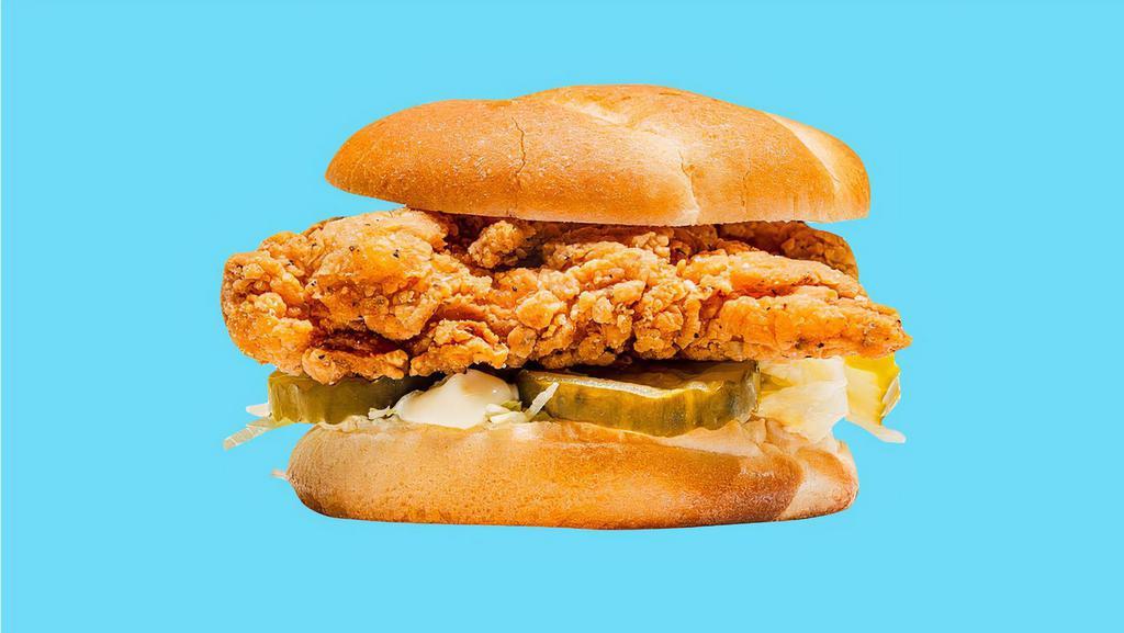 Crispy Chicken Tender Sandwich · with mayo, shredded lettuce and pickles.