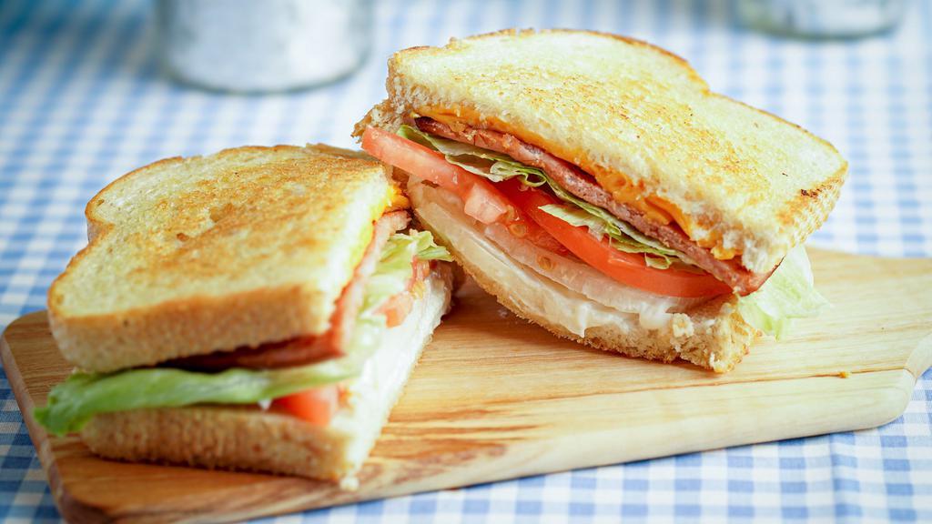 Grilled Ham and Cheese · Grilled choice of bread, two thick slices of cheese with a thick slice of grilled ham. Served with everything (tomatoes, lettuce, onion and dressing) or served plain upon special request.