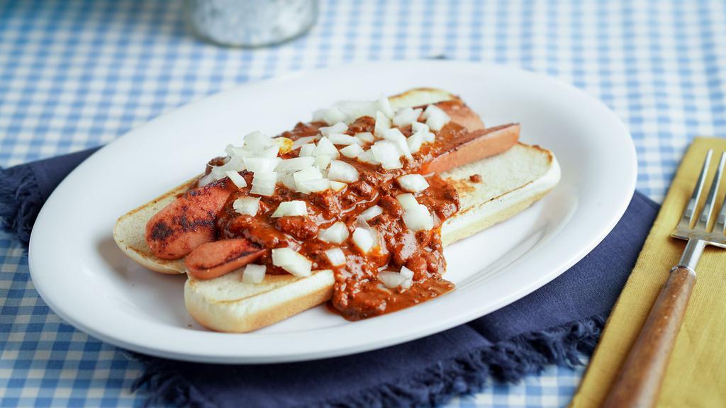 Chili Dog · 8 inch all beef grilled hot dog served plain on toasted hot dog bun. Smothered in rich meaty chili.