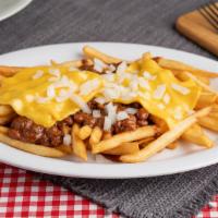 Chili Cheese Fries · French fries smothered in a rich and meaty chili topped with 2 thick slices of cheese.