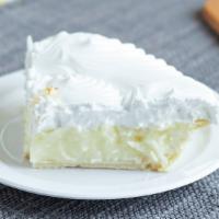 Coconut Crème (Slice) · Refreshing coconut cream filling inside a flakey pie crust. Topped with whipped topping.