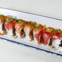 American Dream · Spicy tuna and green bean tempura on the inside, red tuna, salmon and albacore on the outsid...
