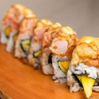 Draymond Roll · cucumber, avocado and mango roll with spicy tuna and shrimp tempura on top. Dabbed w our spi...
