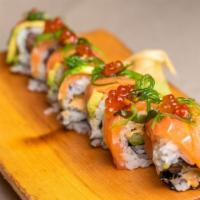 Instragramable Roll · spicy salmon, steamed asparagus roll. Topped with Salmon toro and dabbed w our homemade fire...