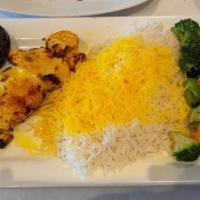 Chicken Kabob · Gluten free. Grilled boneless chicken breast on skewer, served with saffron basmati rice and...