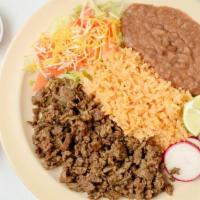 2 Crispy Tacos Combo Plate · 2 Crispy Tacos with Choice of Meat, Sour Cream, Cheese served with a side of Rice and Beans.