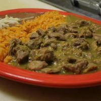 Chile Verde · Pork Chunks simmered in our Delicious Tomatillo Green Salsa. Served with Rice/Beans and choi...