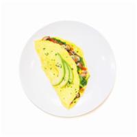 Veggie Omelette · Eggs with sauteed onions and peppers, diced tomatoes, mushrooms, spinach, and sliced avocado