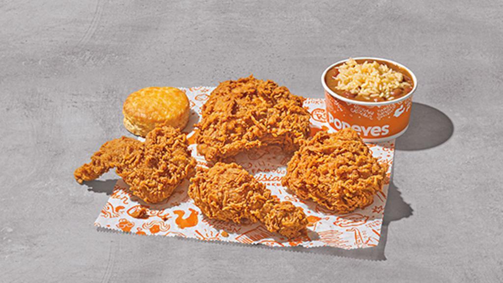Chicken Combo (4) · Four pieces of chicken with a side, a biscuit and drink of your choice. 790-3810 cal.