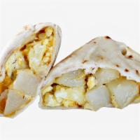 Juan-A-Simple Breakfast Burrito · Two scrambled eggs, breakfast potatoes, and cheese wrapped in a flour tortilla.
